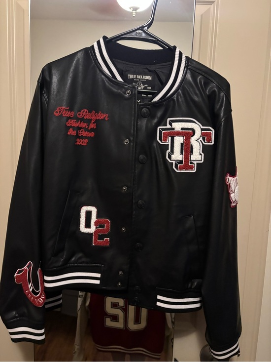 True Religion Jackets & Blazers - True Religion Black Leather Varsity Jacket with Red Trim